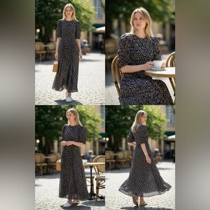 Free People Ruched Floral Bodycon Midi Dress Black Combo